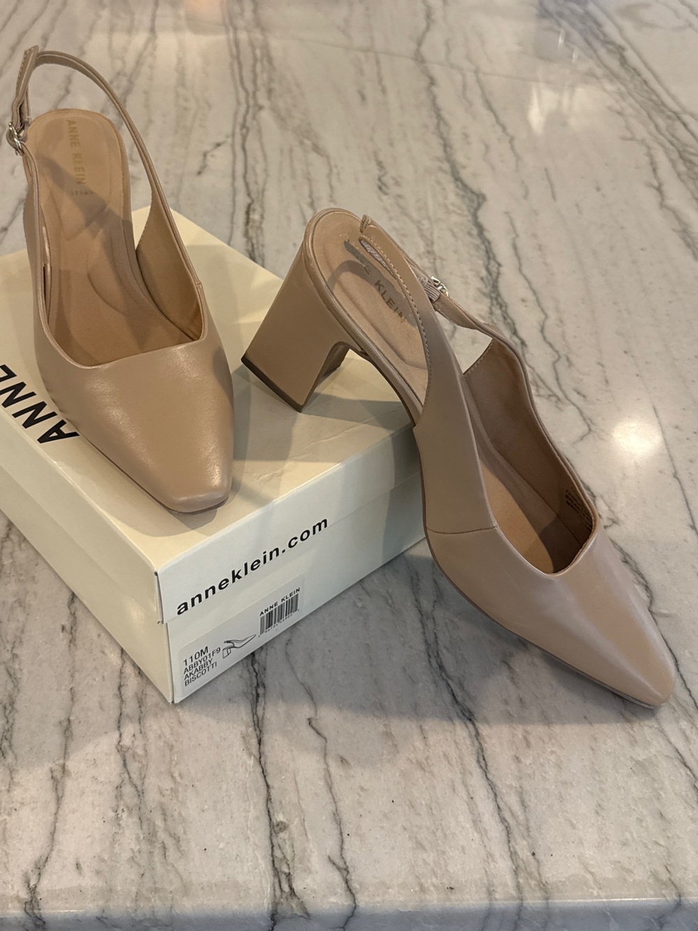 Anne Klein Taupe Pointed-Toe Slingback Block Heels
